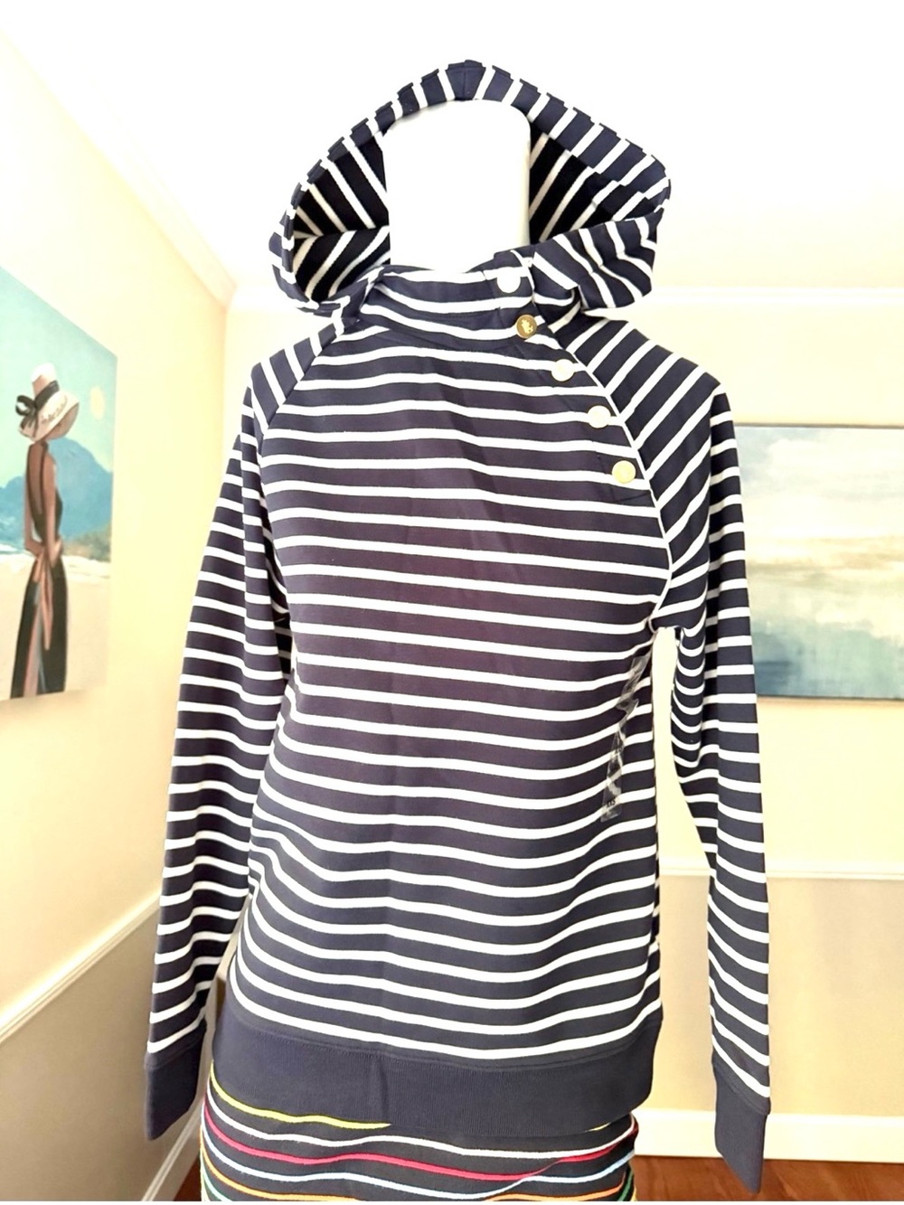 Ralph Lauren Navy & White Striped Hooded Pullover with Gold Buttons